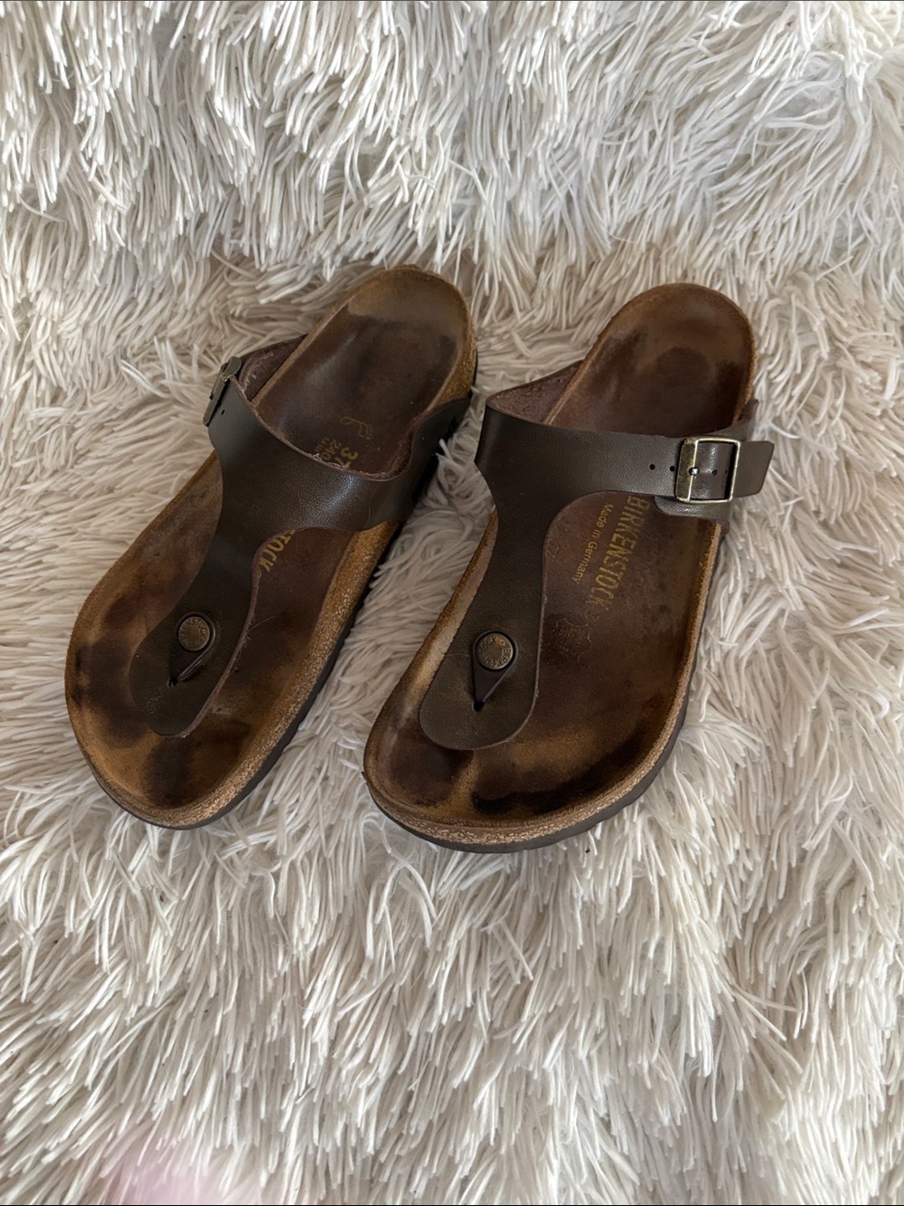 Birkenstock Brown Leather Thong Sandals with Silver Buckle